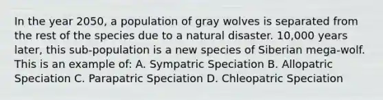 In the year 2050, a population of gray wolves is separated from the rest of the species due to a natural disaster. 10,000 years later, this sub-population is a new species of Siberian mega-wolf. This is an example of: A. Sympatric Speciation B. Allopatric Speciation C. Parapatric Speciation D. Chleopatric Speciation