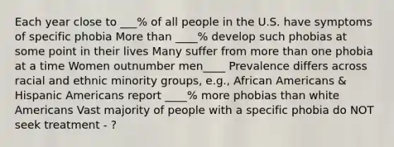 Each year close to ___% of all people in the U.S. have symptoms of specific phobia More than ____% develop such phobias at some point in their lives Many suffer from more than one phobia at a time Women outnumber men____ Prevalence differs across racial and ethnic minority groups, e.g., African Americans & Hispanic Americans report ____% more phobias than white Americans Vast majority of people with a specific phobia do NOT seek treatment - ?