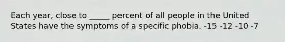 Each year, close to _____ percent of all people in the United States have the symptoms of a specific phobia. -15 -12 -10 -7