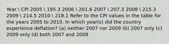 Year  CPI 2005  195.3 2006  201.6 2007  207.3 2008  215.3 2009  214.5 2010  218.1 Refer to the CPI values in the table for the years 2005 to 2010. In which year(s) did the country experience deflation? (a) neither 2007 nor 2009 (b) 2007 only (c) 2009 only (d) both 2007 and 2009