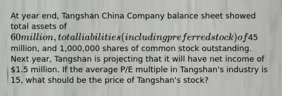 At year end, Tangshan China Company balance sheet showed total assets of 60 million, total liabilities (including preferred stock) of45 million, and 1,000,000 shares of common stock outstanding. Next year, Tangshan is projecting that it will have net income of 1.5 million. If the average P/E multiple in Tangshan's industry is 15, what should be the price of Tangshan's stock?