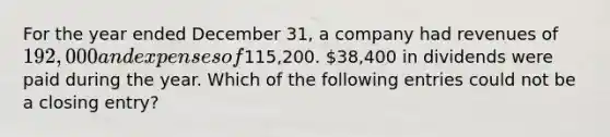 For the year ended December 31, a company had revenues of 192,000 and expenses of115,200. 38,400 in dividends were paid during the year. Which of the following entries could not be a closing entry?