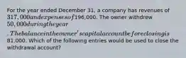 For the year ended December 31, a company has revenues of 317,000 and expenses of196,000. The owner withdrew 50,000 during the year. The balance in the owner's capital account before closing is81,000. Which of the following entries would be used to close the withdrawal account?