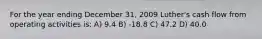 For the year ending December 31, 2009 Luther's cash flow from operating activities is: A) 9.4 B) -18.8 C) 47.2 D) 40.0