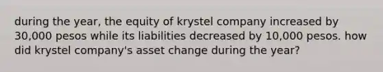 during the year, the equity of krystel company increased by 30,000 pesos while its liabilities decreased by 10,000 pesos. how did krystel company's asset change during the year?