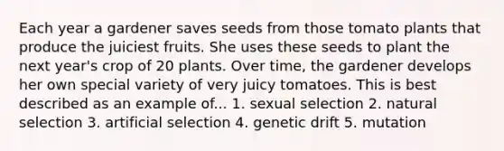 Each year a gardener saves seeds from those tomato plants that produce the juiciest fruits. She uses these seeds to plant the next year's crop of 20 plants. Over time, the gardener develops her own special variety of very juicy tomatoes. This is best described as an example of... 1. sexual selection 2. natural selection 3. artificial selection 4. genetic drift 5. mutation