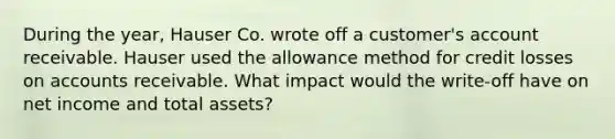 During the year, Hauser Co. wrote off a customer's account receivable. Hauser used the allowance method for credit losses on accounts receivable. What impact would the write-off have on net income and total assets?