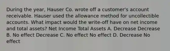 During the year, Hauser Co. wrote off a customer's account receivable. Hauser used the allowance method for uncollectible accounts. What impact would the write-off have on net income and total assets? Net Income Total Assets A. Decrease Decrease B. No effect Decrease C. No effect No effect D. Decrease No effect