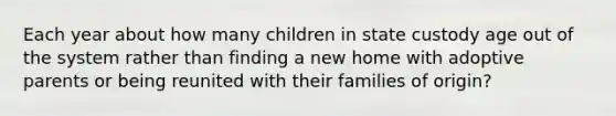 Each year about how many children in state custody age out of the system rather than finding a new home with adoptive parents or being reunited with their families of origin?