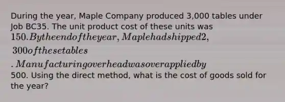 During the year, Maple Company produced 3,000 tables under Job BC35. The unit product cost of these units was 150. By the end of the year, Maple had shipped 2,300 of these tables. Manufacturing overhead was overapplied by500. Using the direct method, what is the cost of goods sold for the year?