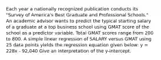 Each year a nationally recognized publication conducts its "Survey of America's Best Graduate and Professional Schools." An academic advisor wants to predict the typical starting salary of a graduate at a top business school using GMAT score of the school as a predictor variable. Total GMAT scores range from 200 to 800. A simple linear regression of SALARY versus GMAT using 25 data points yields the regression equation given below: y = 228x - 92,040 Give an interpretation of the y-intercept.