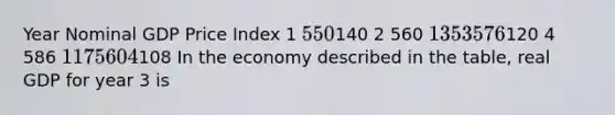 Year Nominal GDP Price Index 1 550140 2 560 135 3 576120 4 586 117 5 604108 In the economy described in the table, real GDP for year 3 is