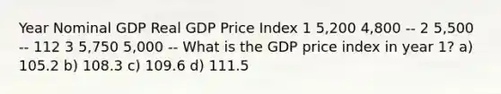 Year Nominal GDP Real GDP Price Index 1 5,200 4,800 -- 2 5,500 -- 112 3 5,750 5,000 -- What is the GDP price index in year 1? a) 105.2 b) 108.3 c) 109.6 d) 111.5