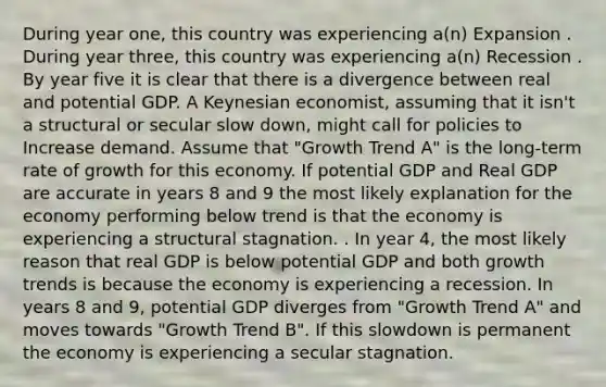 During year one, this country was experiencing a(n) Expansion . During year three, this country was experiencing a(n) Recession . By year five it is clear that there is a divergence between real and potential GDP. A Keynesian economist, assuming that it isn't a structural or secular slow down, might call for policies to Increase demand. Assume that "Growth Trend A" is the long-term rate of growth for this economy. If potential GDP and Real GDP are accurate in years 8 and 9 the most likely explanation for the economy performing below trend is that the economy is experiencing a structural stagnation. . In year 4, the most likely reason that real GDP is below potential GDP and both growth trends is because the economy is experiencing a recession. In years 8 and 9, potential GDP diverges from "Growth Trend A" and moves towards "Growth Trend B". If this slowdown is permanent the economy is experiencing a secular stagnation.