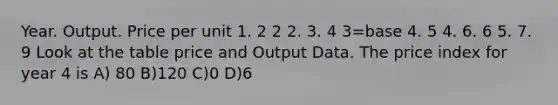 Year. Output. Price per unit 1. 2 2 2. 3. 4 3=base 4. 5 4. 6. 6 5. 7. 9 Look at the table price and Output Data. The price index for year 4 is A) 80 B)120 C)0 D)6