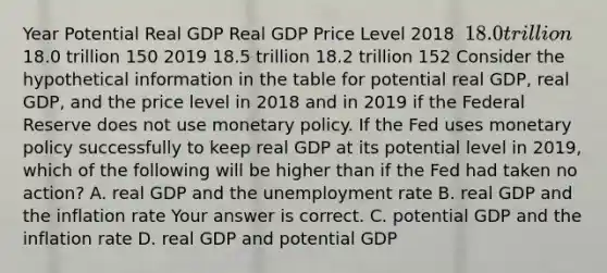 Year Potential Real GDP Real GDP Price Level 2018 ​ 18.0 trillion ​18.0 trillion 150 2019 18.5 trillion 18.2 trillion 152 Consider the hypothetical information in the table for potential real​ GDP, real​ GDP, and the price level in 2018 and in 2019 if the Federal Reserve does not use <a href='https://www.questionai.com/knowledge/kEE0G7Llsx-monetary-policy' class='anchor-knowledge'>monetary policy</a>. If the Fed uses monetary policy successfully to keep real GDP at its potential level in​ 2019, which of the following will be higher than if the Fed had taken no​ action? A. real GDP and the <a href='https://www.questionai.com/knowledge/kh7PJ5HsOk-unemployment-rate' class='anchor-knowledge'>unemployment rate</a> B. real GDP and the inflation rate Your answer is correct. C. potential GDP and the inflation rate D. real GDP and potential GDP