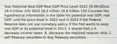 Year Potential Real GDP Real GDP Price Level 2022 ​18.0 trillion ​18.0 trillion 150 2023 18.5 trillion 18.8 trillion 154 Consider the hypothetical information in the table for potential real​ GDP, real​ GDP, and the price level in 2022 and in 2023 if the Federal Reserve does not use monetary policy. If the Fed wants to keep real GDP at its potential level in​ 2023, it should Part 2 A. decrease income taxes. B. decrease the required reserve ratio. C. sell Treasury securities D. buy Treasury securities.