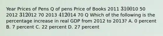 Year Prices of Pens Q of pens Price of Books 2011 3 10010 50 2012 3 12012 70 2013 4 12014 70 Q Which of the following is the percentage increase in real GDP from 2012 to 2013? A. 0 percent B. 7 percent C. 22 percent D. 27 percent