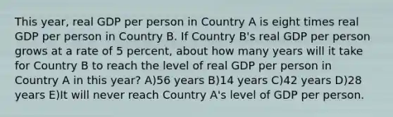 This year, real GDP per person in Country A is eight times real GDP per person in Country B. If Country B's real GDP per person grows at a rate of 5 percent, about how many years will it take for Country B to reach the level of real GDP per person in Country A in this year? A)56 years B)14 years C)42 years D)28 years E)It will never reach Country A's level of GDP per person.