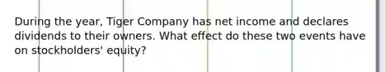 During the year, Tiger Company has net income and declares dividends to their owners. What effect do these two events have on stockholders' equity?