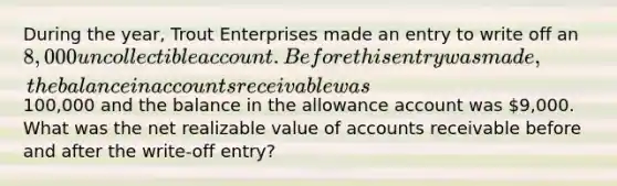 During the year, Trout Enterprises made an entry to write off an 8,000 uncollectible account. Before this entry was made, the balance in accounts receivable was100,000 and the balance in the allowance account was 9,000. What was the net realizable value of accounts receivable before and after the write-off entry?