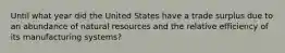 Until what year did the United States have a trade surplus due to an abundance of natural resources and the relative efficiency of its manufacturing systems?