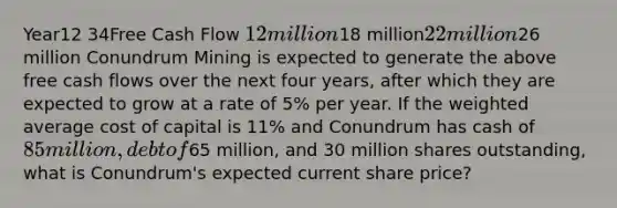 Year12 34Free Cash Flow 12 million18 million22 million26 million Conundrum Mining is expected to generate the above free cash flows over the next four years, after which they are expected to grow at a rate of 5% per year. If the weighted average cost of capital is 11% and Conundrum has cash of 85 million, debt of65 million, and 30 million shares outstanding, what is Conundrum's expected current share price?