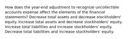 How does the year-end adjustment to recognize uncollectible accounts expense affect the elements of the financial statements? Decrease total assets and decrease stockholders' equity. Increase total assets and decrease stockholders' equity. Increase total liabilities and increase stockholders' equity. Decrease total liabilities and increase stockholders' equity.