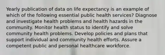 Yearly publication of data on life expectancy is an example of which of the following essential public health services? Diagnose and investigate health problems and health hazards in the community. Monitor health status to identify and solve community health problems. Develop policies and plans that support individual and community health efforts. Assure a competent public and personal healthcare workforce.