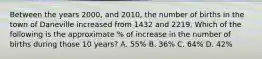 Between the years 2000, and 2010, the number of births in the town of Daneville increased from 1432 and 2219. Which of the following is the approximate % of increase in the number of births during those 10 years? A. 55% B. 36% C. 64% D. 42%