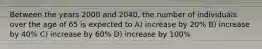 Between the years 2000 and 2040, the number of individuals over the age of 65 is expected to A) increase by 20% B) increase by 40% C) increase by 60% D) increase by 100%