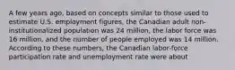 A few years ago, based on concepts similar to those used to estimate U.S. employment figures, the Canadian adult non-institutionalized population was 24 million, the labor force was 16 million, and the number of people employed was 14 million. According to these numbers, the Canadian labor-force participation rate and unemployment rate were about