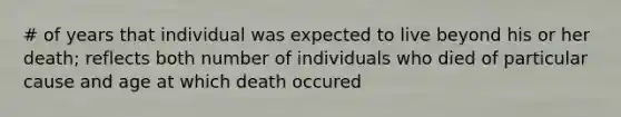 # of years that individual was expected to live beyond his or her death; reflects both number of individuals who died of particular cause and age at which death occured