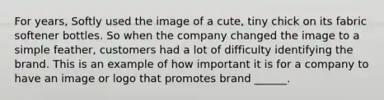 For years, Softly used the image of a cute, tiny chick on its fabric softener bottles. So when the company changed the image to a simple feather, customers had a lot of difficulty identifying the brand. This is an example of how important it is for a company to have an image or logo that promotes brand ______.