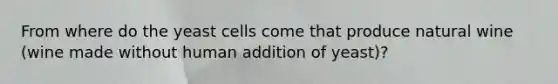 From where do the yeast cells come that produce natural wine (wine made without human addition of yeast)?