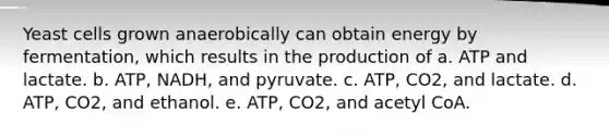 Yeast cells grown anaerobically can obtain energy by fermentation, which results in the production of a. ATP and lactate. b. ATP, NADH, and pyruvate. c. ATP, CO2, and lactate. d. ATP, CO2, and ethanol. e. ATP, CO2, and acetyl CoA.