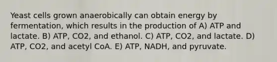 Yeast cells grown anaerobically can obtain energy by fermentation, which results in the production of A) ATP and lactate. B) ATP, CO2, and ethanol. C) ATP, CO2, and lactate. D) ATP, CO2, and acetyl CoA. E) ATP, NADH, and pyruvate.