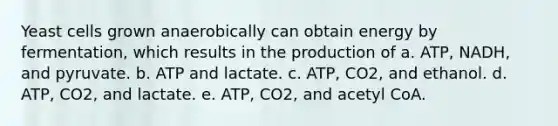 Yeast cells grown anaerobically can obtain energy by fermentation, which results in the production of a. ATP, NADH, and pyruvate. b. ATP and lactate. c. ATP, CO2, and ethanol. d. ATP, CO2, and lactate. e. ATP, CO2, and acetyl CoA.