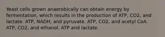 Yeast cells grown anaerobically can obtain energy by fermentation, which results in the production of ATP, CO2, and lactate. ATP, NADH, and pyruvate. ATP, CO2, and acetyl CoA. ATP, CO2, and ethanol. ATP and lactate.