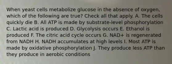 When yeast cells metabolize glucose in the absence of oxygen, which of the following are true? Check all that apply. A. The cells quickly die B. All ATP is made by substrate-level phosphorylation C. Lactic acid is produced D. Glycolysis occurs E. Ethanol is produced F. The citric acid cycle occurs G. NAD+ is regenerated from NADH H. NADH accumulates at high levels I. Most ATP is made by oxidative phosphorylation J. They produce less ATP than they produce in aerobic conditions