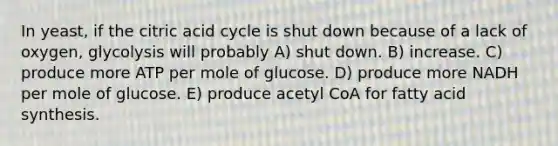 In yeast, if the citric acid cycle is shut down because of a lack of oxygen, glycolysis will probably A) shut down. B) increase. C) produce more ATP per mole of glucose. D) produce more NADH per mole of glucose. E) produce acetyl CoA for fatty acid synthesis.