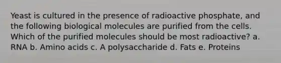 Yeast is cultured in the presence of radioactive phosphate, and the following biological molecules are purified from the cells. Which of the purified molecules should be most radioactive? a. RNA b. <a href='https://www.questionai.com/knowledge/k9gb720LCl-amino-acids' class='anchor-knowledge'>amino acids</a> c. A polysaccharide d. Fats e. Proteins