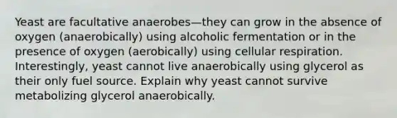 Yeast are facultative anaerobes—they can grow in the absence of oxygen (anaerobically) using alcoholic fermentation or in the presence of oxygen (aerobically) using cellular respiration. Interestingly, yeast cannot live anaerobically using glycerol as their only fuel source. Explain why yeast cannot survive metabolizing glycerol anaerobically.