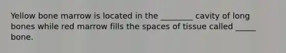 Yellow bone marrow is located in the ________ cavity of long bones while red marrow fills the spaces of tissue called _____ bone.