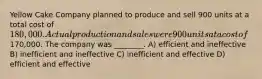 Yellow Cake Company planned to produce and sell 900 units at a total cost of 180,000. Actual production and sales were 900 units at a cost of170,000. The company was ________. A) efficient and ineffective B) inefficient and ineffective C) inefficient and effective D) efficient and effective