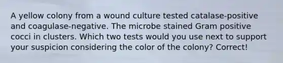 A yellow colony from a wound culture tested catalase-positive and coagulase-negative. The microbe stained Gram positive cocci in clusters. Which two tests would you use next to support your suspicion considering the color of the colony? Correct!