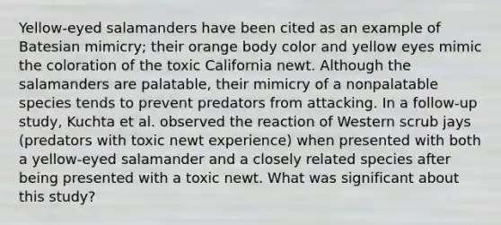 Yellow-eyed salamanders have been cited as an example of Batesian mimicry; their orange body color and yellow eyes mimic the coloration of the toxic California newt. Although the salamanders are palatable, their mimicry of a nonpalatable species tends to prevent predators from attacking. In a follow-up study, Kuchta et al. observed the reaction of Western scrub jays (predators with toxic newt experience) when presented with both a yellow-eyed salamander and a closely related species after being presented with a toxic newt. What was significant about this study?