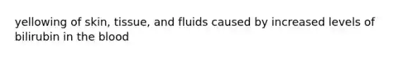 yellowing of skin, tissue, and fluids caused by increased levels of bilirubin in <a href='https://www.questionai.com/knowledge/k7oXMfj7lk-the-blood' class='anchor-knowledge'>the blood</a>