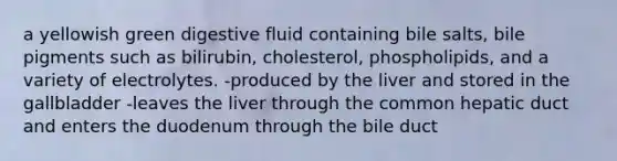 a yellowish green digestive fluid containing bile salts, bile pigments such as bilirubin, cholesterol, phospholipids, and a variety of electrolytes. -produced by the liver and stored in the gallbladder -leaves the liver through the common hepatic duct and enters the duodenum through the bile duct