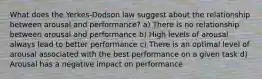 What does the Yerkes-Dodson law suggest about the relationship between arousal and performance? a) There is no relationship between arousal and performance b) High levels of arousal always lead to better performance c) There is an optimal level of arousal associated with the best performance on a given task d) Arousal has a negative impact on performance